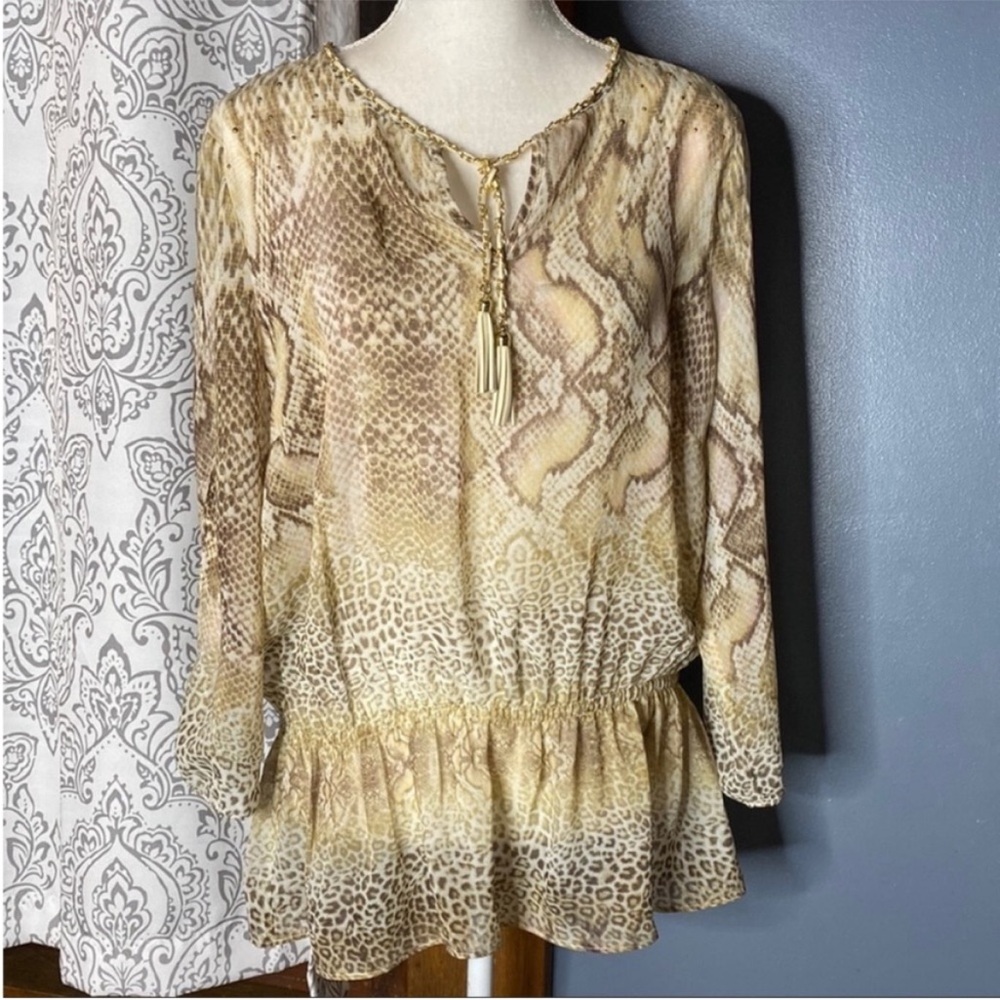 Cache Vintage Y2K Snake Print Peplum Blouse Gold Chain Tassel Boho Glam Size L